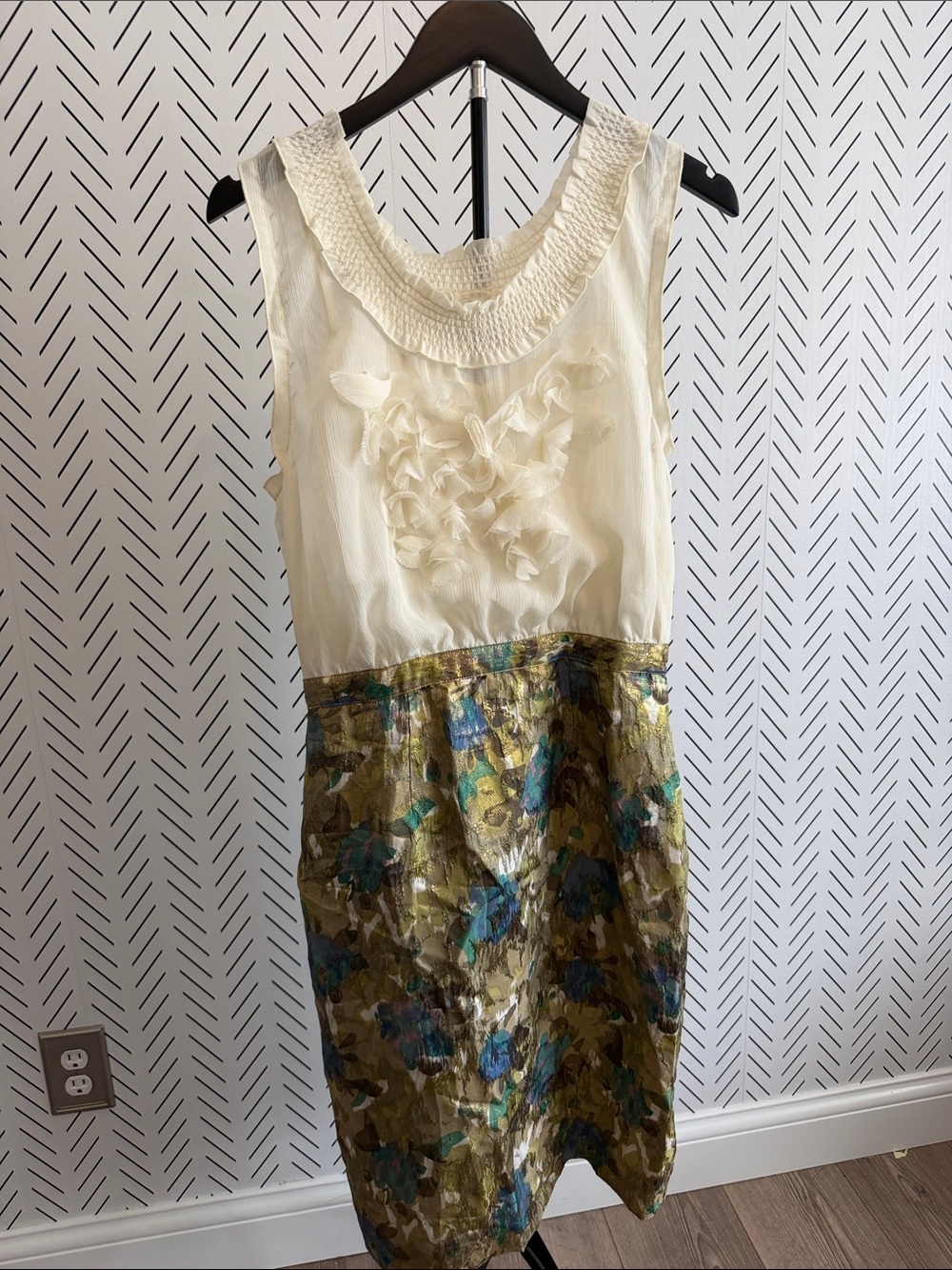 Anthropologie Ivory Bodice with Olive and Blue Floral Midi Dress